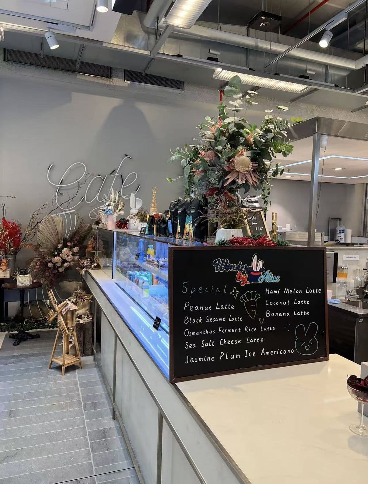 Wonder by Alice café — chalkboard menu and interior view